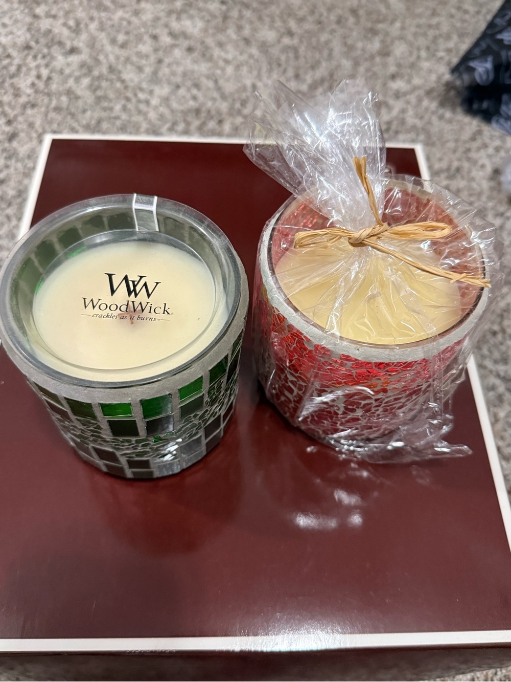 Woodwick Mosaic Glass Duo Candle Set - Green & Red Accents set of 2